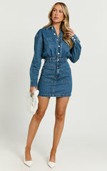 Kamala Mini Dress - Long Sleeve Button Through Denim Dress in Dark Blue Wash