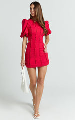 Laila Mini Linen Blend Dress - High Neck Side Cut Out Puff Sleeve Straight Dress in Red
