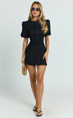 Laila Mini Linen Blend Dress - High Neck Side Cut Out Puff Sleeve Straight Dress in Black