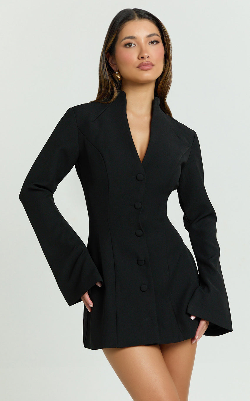 Layton Mini Dress - V Neck Long Sleeve Button Front Tulip Skirt Dress in Black