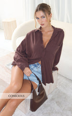Leanne Top - Button Down Linen Blend Long Sleeve Shirt in Chocolate