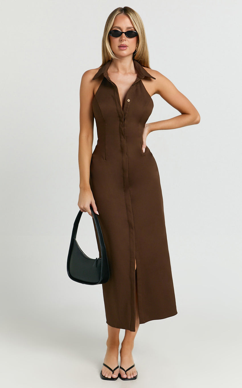 Lillibelle Midi Dress - Collared Button Down Bodycon Dress in Chocolate