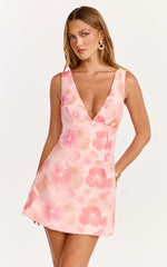 Lima Mini Dress - Plunge Neck Floral Embellished A Line Dress in Pink