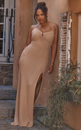 Venus Maxi Dress - Crochet Knit Halter Bodycon Dress in Beige