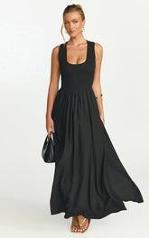 Luciana Maxi Dress - U Neck Smock Dress in Black