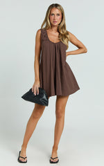 Lucinda Mini Dress - Deep U Gathered Neck Smock Dress in Chocolate