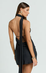 Maddox Mini Dress - Scarf Neck Low Tie Back Slip Dress in Black