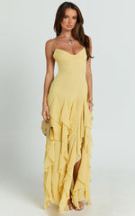 Maeve Maxi Dress - V Neck Ruffle Tier Slip Dress in Lemon
