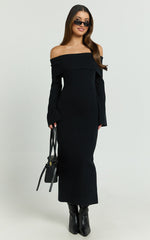 Maisie Midi Dress - Off Shoulder Long Sleeve Fitted Column Knit Dress in Black