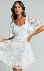 Marisole Mini Dress - A Line Flutter Sleeve Lace Dress in White