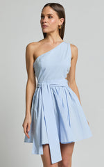Mauee Mini Dress - One Shoulder Tie Waist Cut Out Dress in Powder Blue