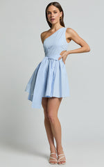 Mauee Mini Dress - One Shoulder Tie Waist Cut Out Dress in Powder Blue
