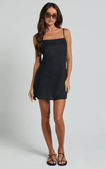Mavie Mini Linen Dress - Linen Strappy Shift Dress in Black