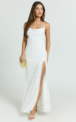 Mimi Maxi Dress - Embroidered Cowl Neck High Split Dress in White