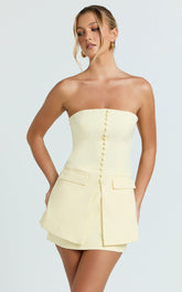 Monroe Two Piece Set - Strapless Button Down Longline Vest Top and High Waisted Mini Skirt in Butter Yellow