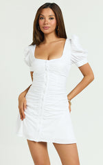 Mya Mini Dress - Scoop Neck Ruched Button Front Puff Sleeve Dress in White