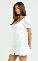 Mya Mini Dress - Scoop Neck Ruched Button Front Puff Sleeve Dress in White
