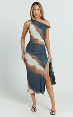 Nenita Midi Dress - One Shoulder Mesh Dress in Rust Print