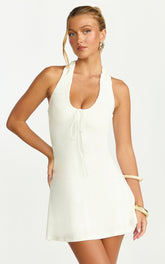 Odile Mini Dress - U Halter Neck Dress in Cream