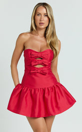 Otis Mini Dress - Strapless Fit And Flare Bubble Hem Dress in Red