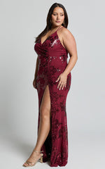 Out Till Dawn Maxi Dress - Thigh Split Dress in Wine Sequin