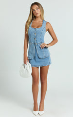 Paige Mini Skirt - High Waisted Denim Skirt in Mid Blue Wash
