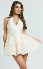 Posie Mini Dress - Plunge Fit And Flare Dress in Cream