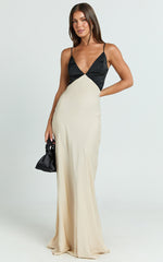 Quincy Maxi Dress - Satin Slip Dress in Black/Champagne