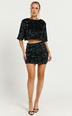 Reah Two Piece Set - Tie Back Top and High Waisted Sequin Mini Skirt in Black