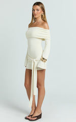 Rhianna Mini Dress - Knitted Off Shoulder Tie Waist Mini Dress in Cream