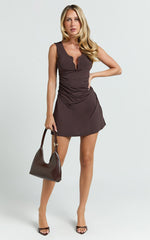 Rishanne Mini Dress - U Ruched Neck Cut Out Jersey Dress in Brown