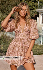 Amalie The Label - Rivinna Linen Blend Pleat Waist Puff Sleeve Mini Dress in Vahala Print