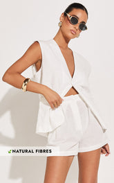 Marlee Two Piece Set - Linen Button Through Vest and Shorts Set in White