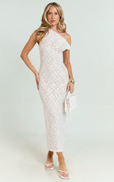 Sally Midi Dress - Stretch Lace Twist Off Shoulder Dress in White