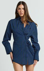Sanya Mini Dress - Cinched Waist Stripe Dress in Navy Pinstripe