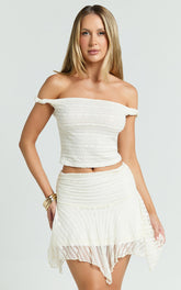 Sarah Mini Skirt - Lace Asymmetric Low Waist Skirt in Off White