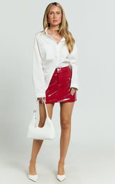 Savannah Mini Skirt - PU Waistband Fly Front Fitted Skirt in Cherry