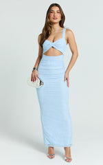 Selene Maxi Dress - Lace Front Twist Cut Out Bodycon Dress in Baby Blue