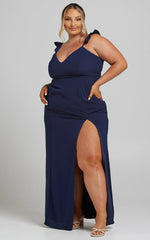 More Than This Maxi Dress - Ruffle Strap Thigh Split Dress in Navy