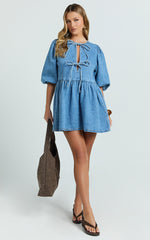 Shailene Mini Dress - Tie Front Puff Sleeve Recycled Denim Dress in Mid Blue Wash