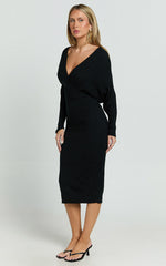 Sheika Midi Dress - Long Sleeve Off Shoulder Knit Dress in Black