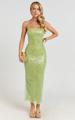 Sierra Midi Dress - Sequin Square Neck Bodycon Dress in Green
