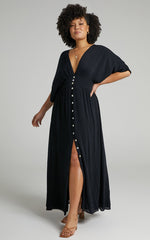 Sitting Pretty Maxi Dress - Short Sleeve Button Down Dress in Black