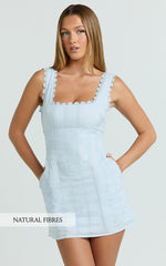 Sylvia Mini Dress - Square Neck Lace Trim A Line Mini Dress in Blue