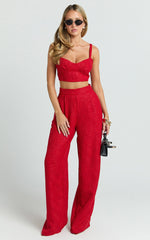 Sylvia Two Piece Set - Corset Top and High Waisted Wide Leg Pants Set in Red