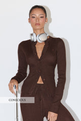 Indigo Top - Long Sleeve Button Down Knit Top in Chocolate