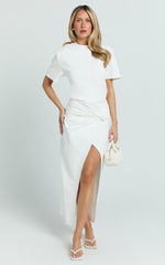 Tonya Maxi Dress - Square Shoulder Twist Leg Split Dress in White
