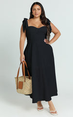 Tymia Midi Dress - Shoulder Tie Bustier Shirred Back A Line in Black