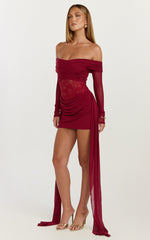 Vesper Mini Dress - Contrast Lace Bodice Long Sleeve Dress in Wine
