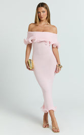 Winnie Maxi Dress - Off Shoulder Frilled Hem Knitted Dress in Baby Pink